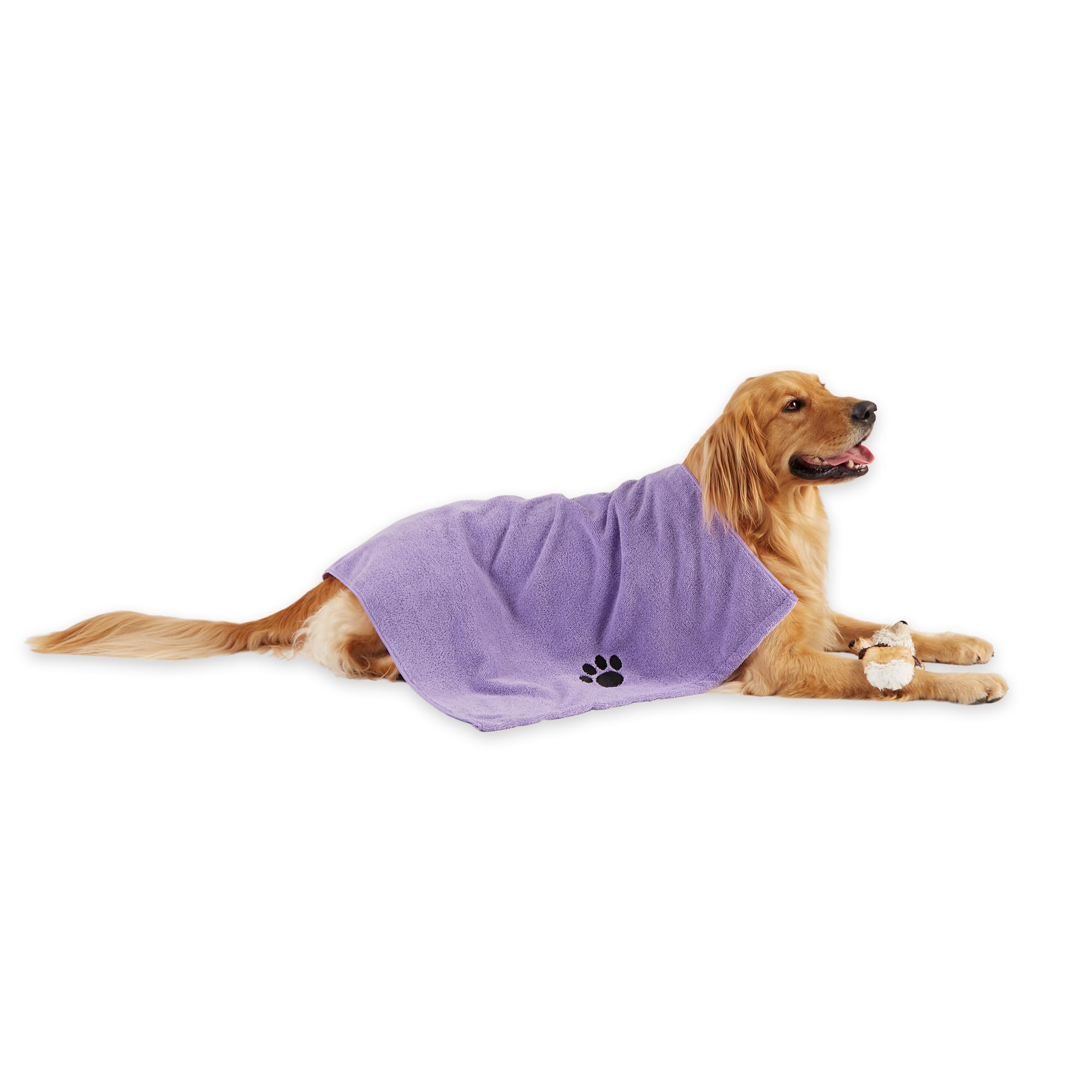Bone Dry lavender embroidered towel showing 41x23.5 inches for post-bath drying of dogs and cats