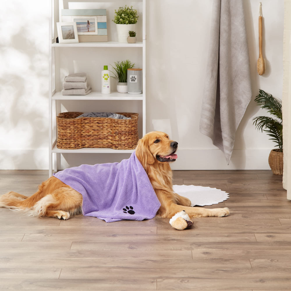 Bone Dry lavender embroidered towel helps keep pets warm after grooming