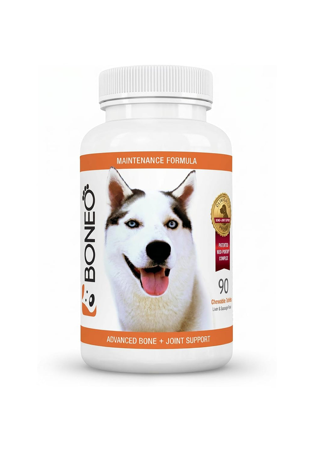 Boneo Canine Maintenance bottle packaging showing a chewable supplement that supports bone and joint health.