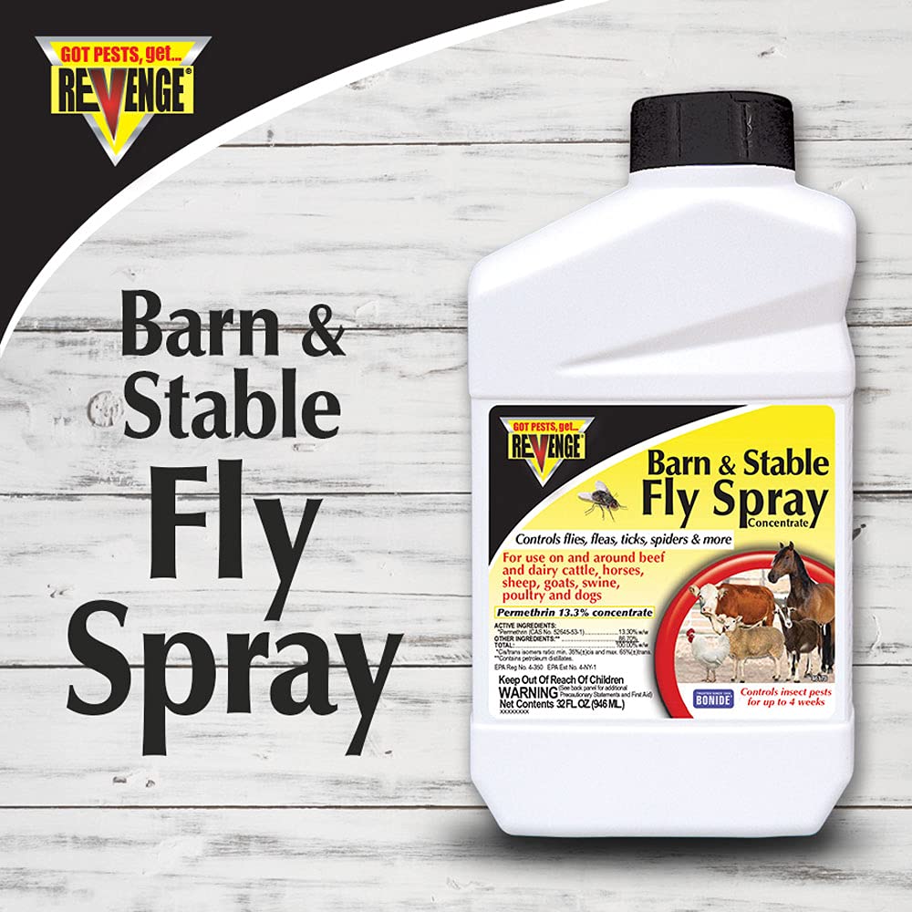 Bonide Revenge on-animal spray application showing pest control around livestock
