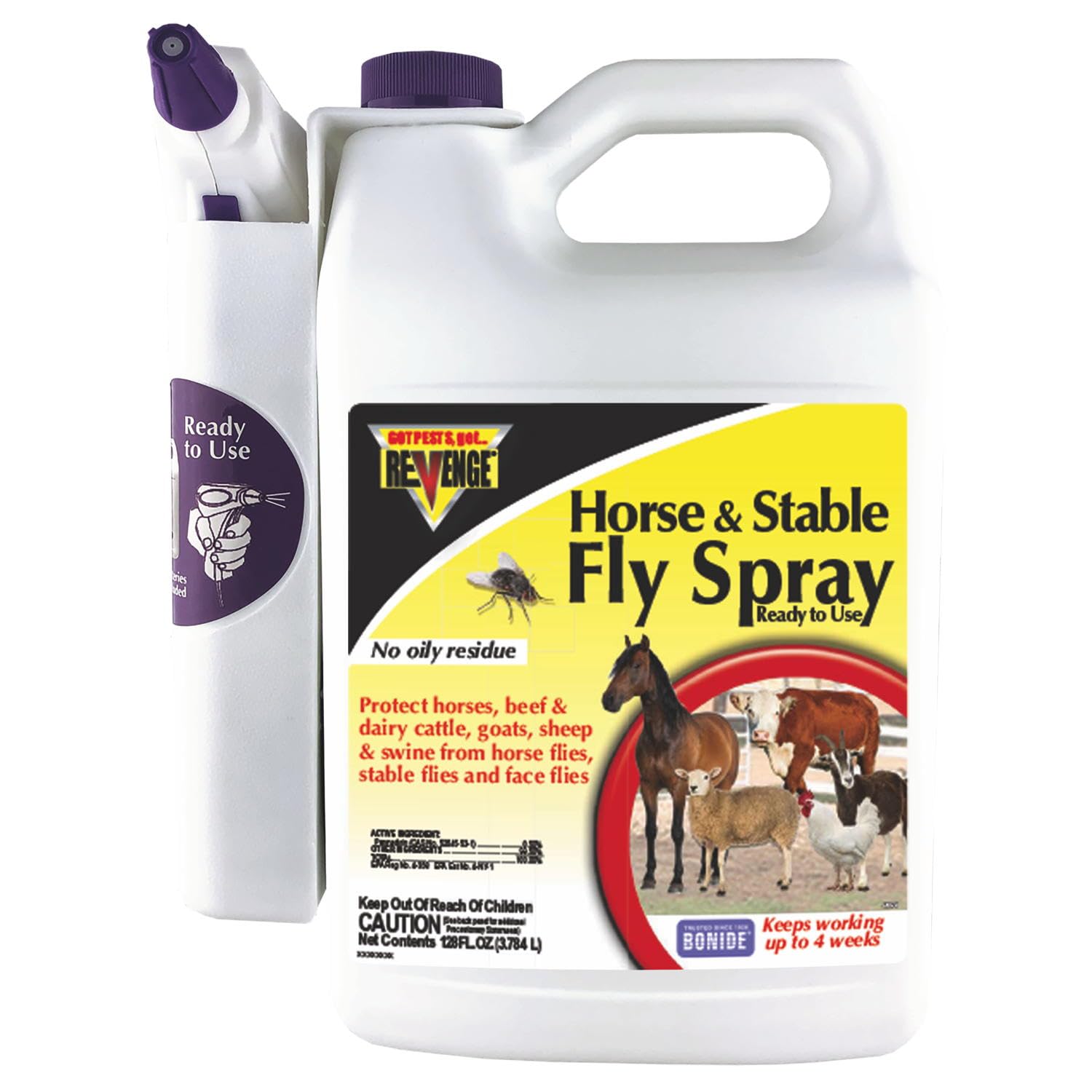 Bonide Revenge horse-stable-spray-bottle protects livestock from flies.