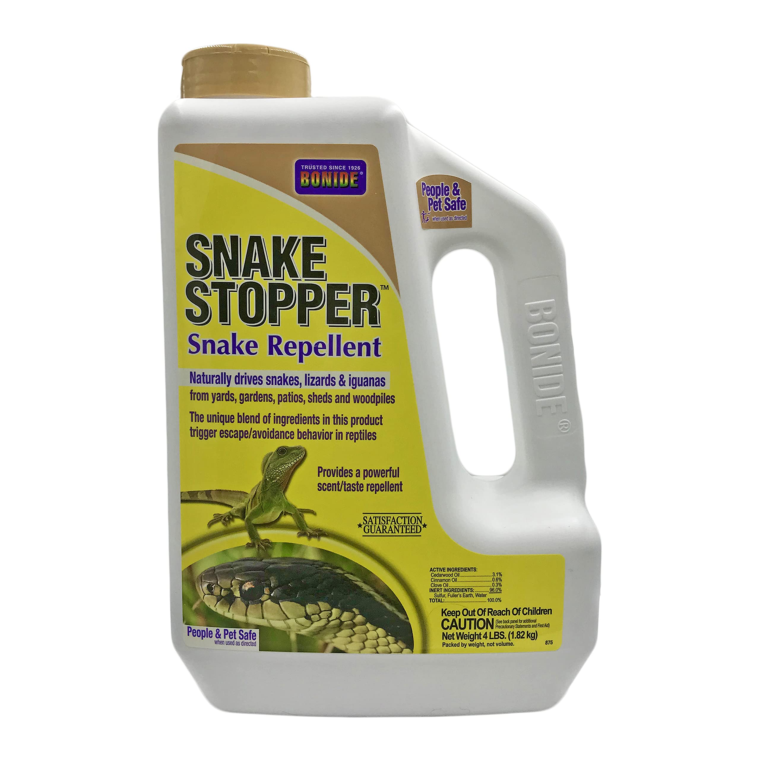 Bonide Snake Stopper bottle pour shows easy outdoor application in a yard