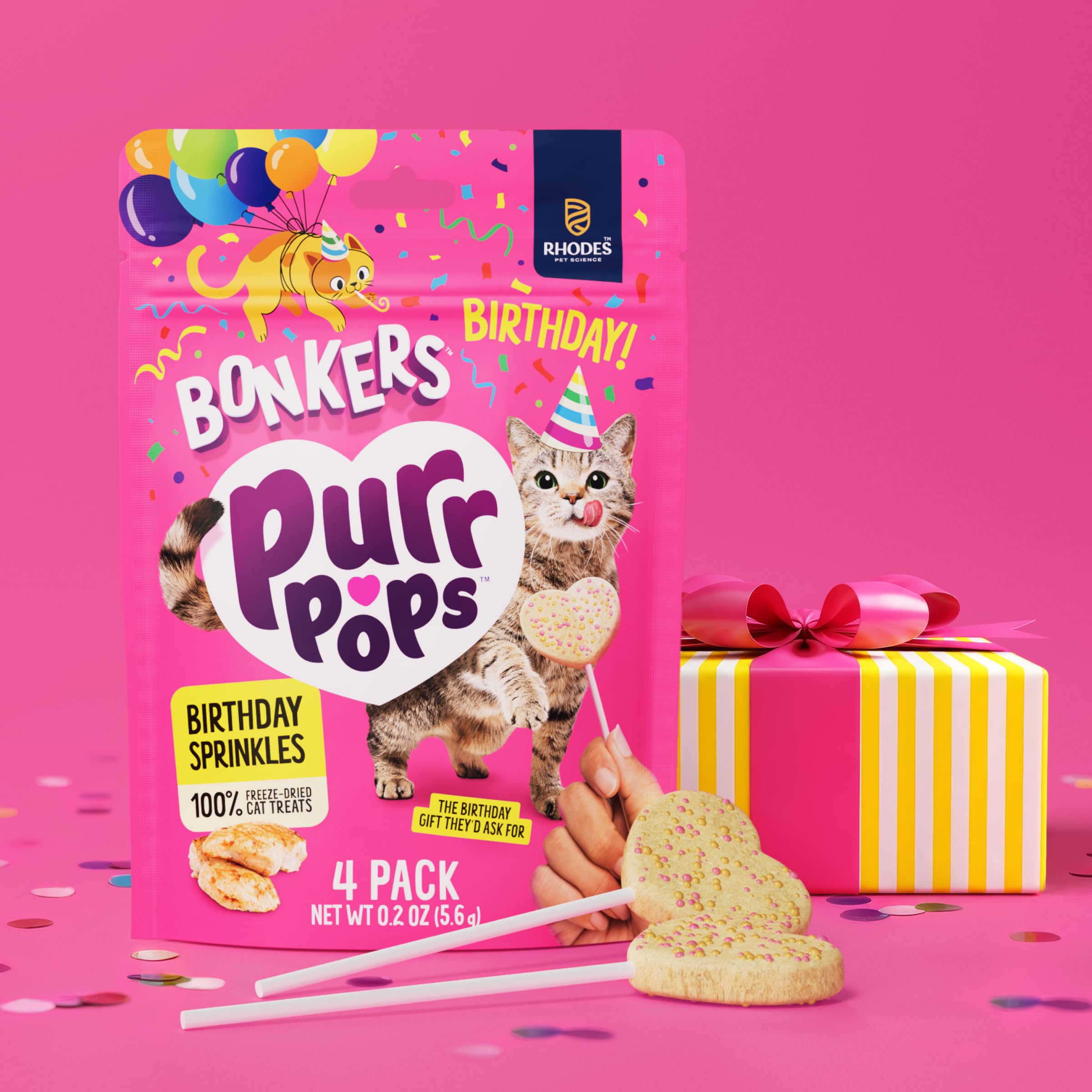 Bonkers Purrpops Birthday Edition heart-shaped treat with birthday sprinkles for cats
