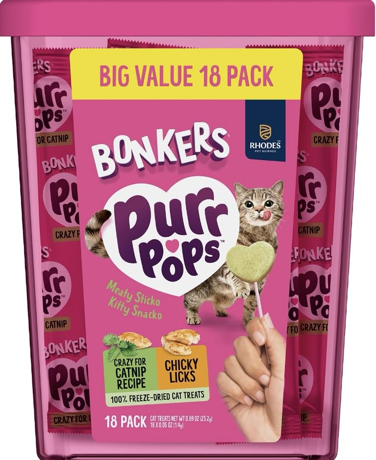 Bonkers Purrpops chicken-catnip 18-pack offers savory variety for cats.