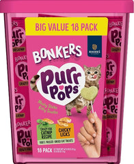 Bonkers Purrpops chicken-catnip 18-pack offers savory variety for cats.