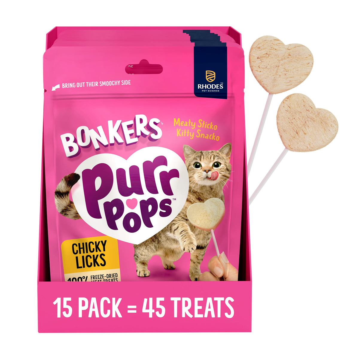Bonkers Purrpops freeze-dried chicken lollipop treats: crispy, protein-rich snack for cats.
