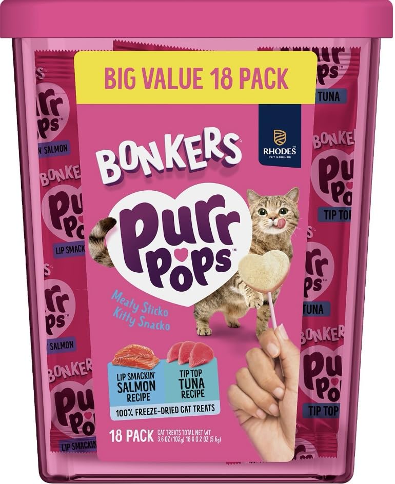 Bonkers Purrpops heart-shaped freeze-dried treats ready to nibble.