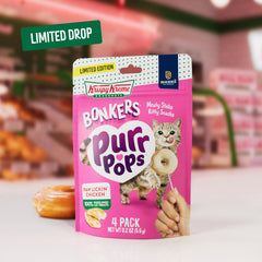 Real chicken flavor highlighted in freeze-dried Bonkers Purrpops for cats.