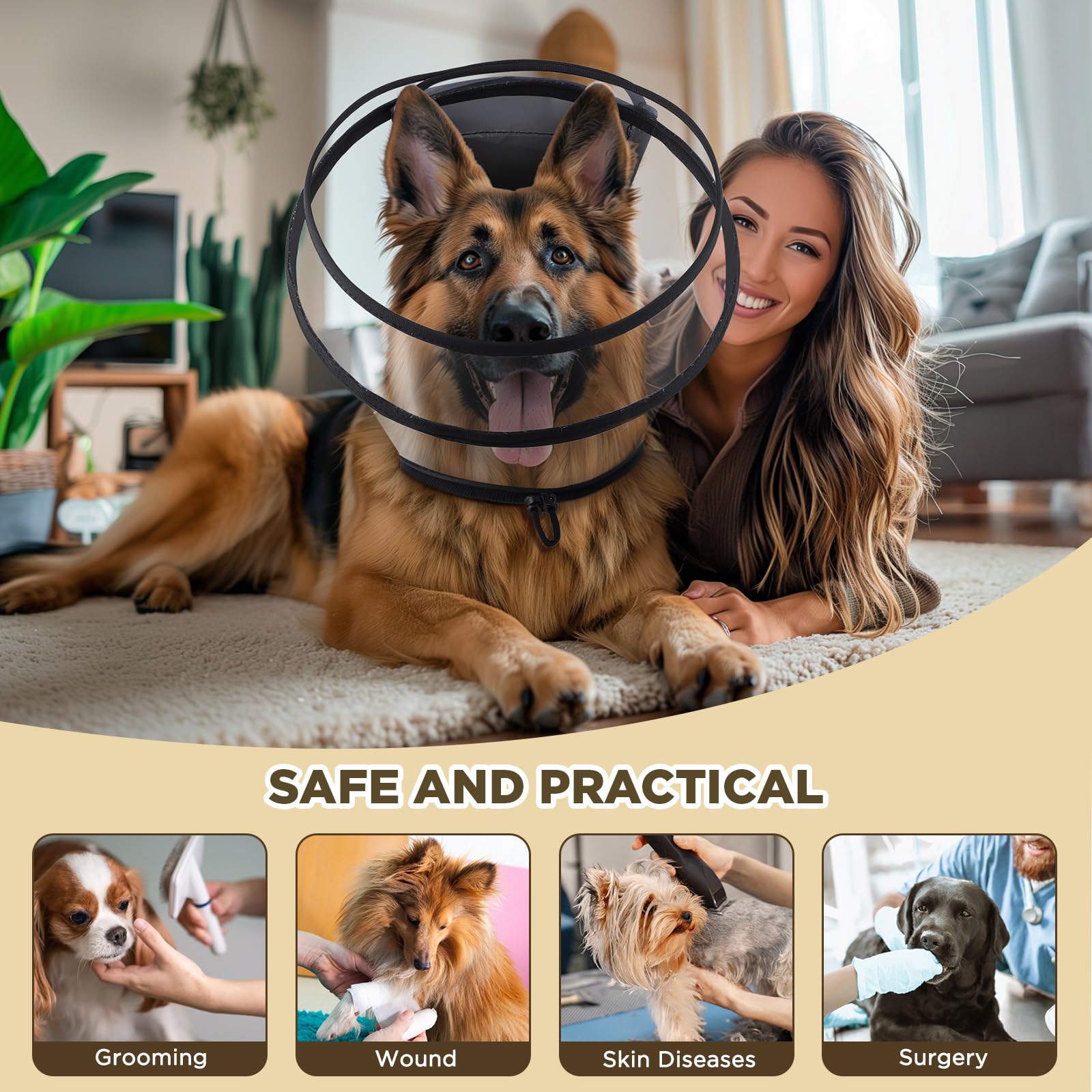 BONTHEE lightweight transparent cone collar with care notes and supervision reminders.