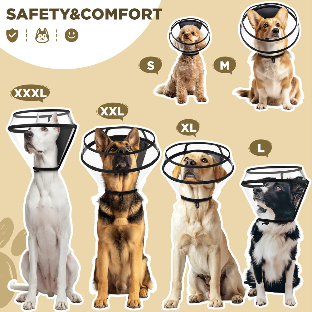 BONTHEE clear-view dog cone collar provides full visibility to ease anxiety.