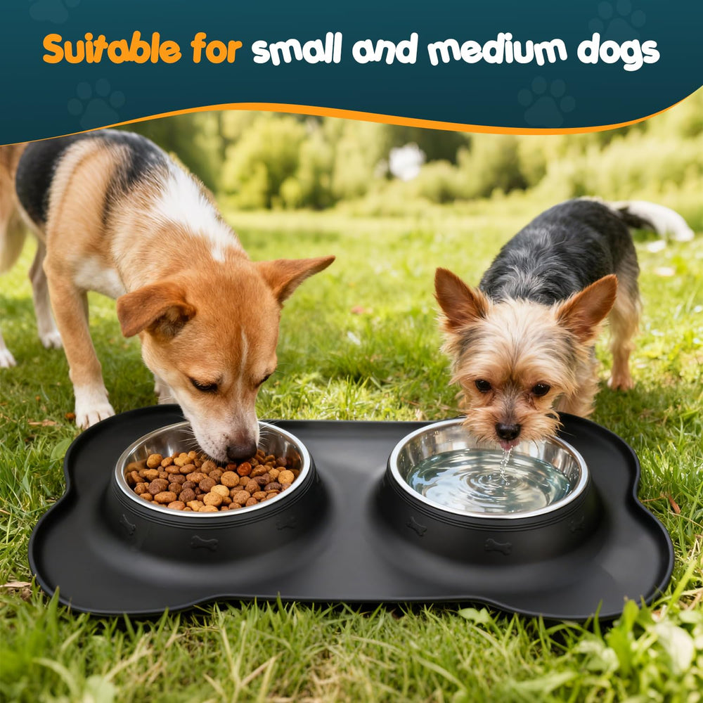 Dishwasher-safe stainless bowls and mat for easy cleaning.