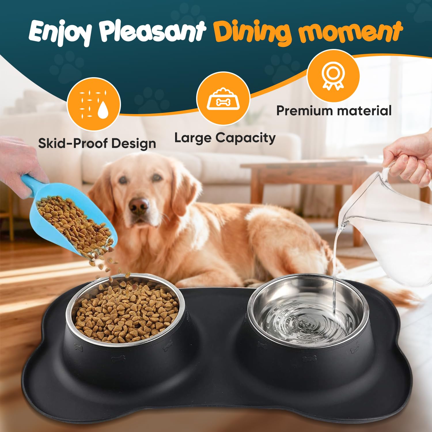 Stainless steel bowls with 14-ounce capacity for meals and water.