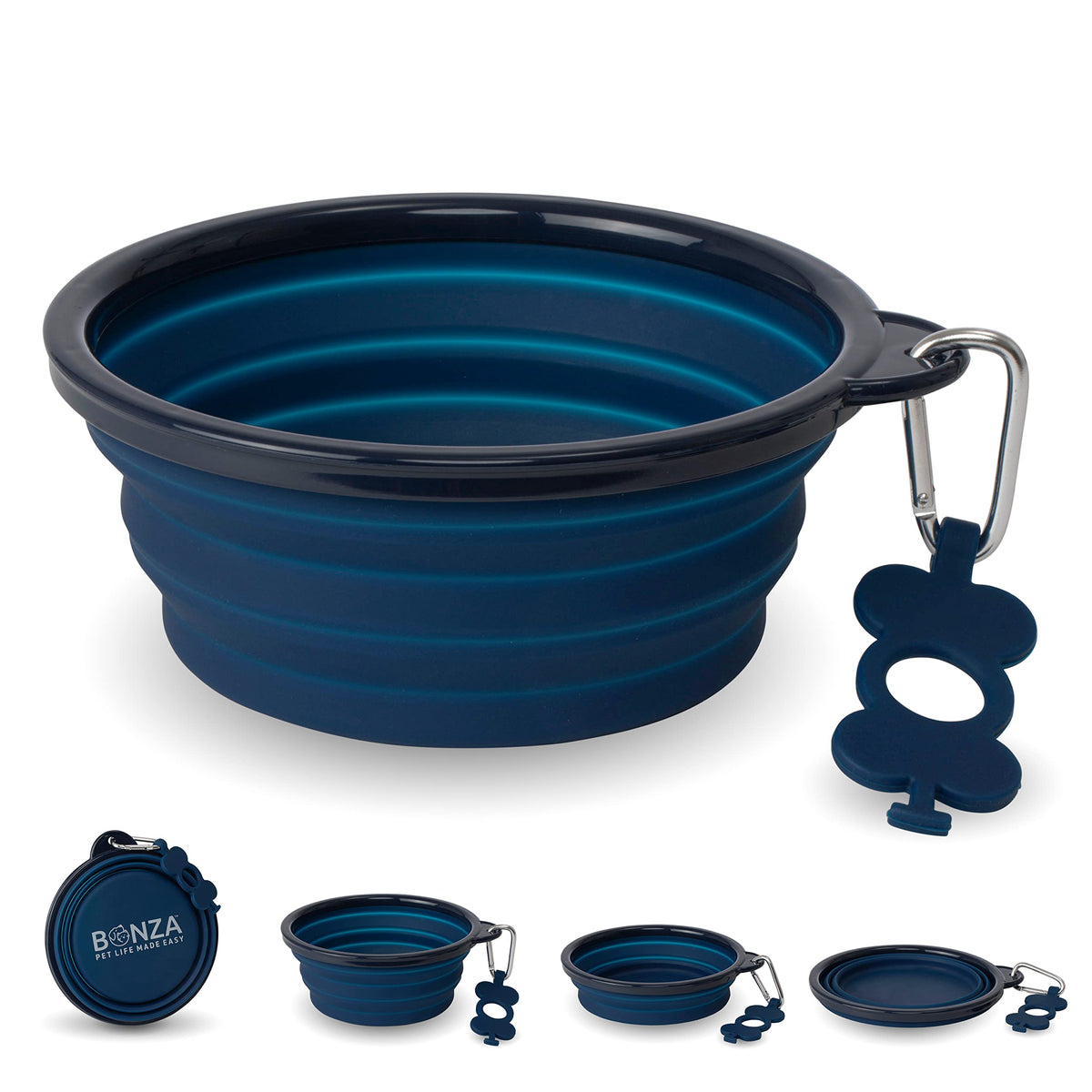 Bonza 50 oz navy blue collapsible dog bowl ready for long hikes