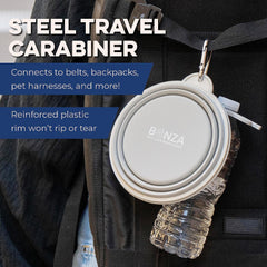 Bonza carabiner attachment displayed for secure hiking and travel.