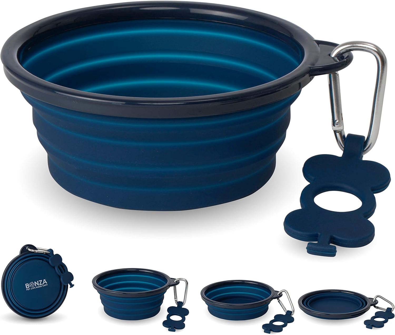 Bonza collapsible dog bowls open in navy blue, ideal for on-the-go meals.
