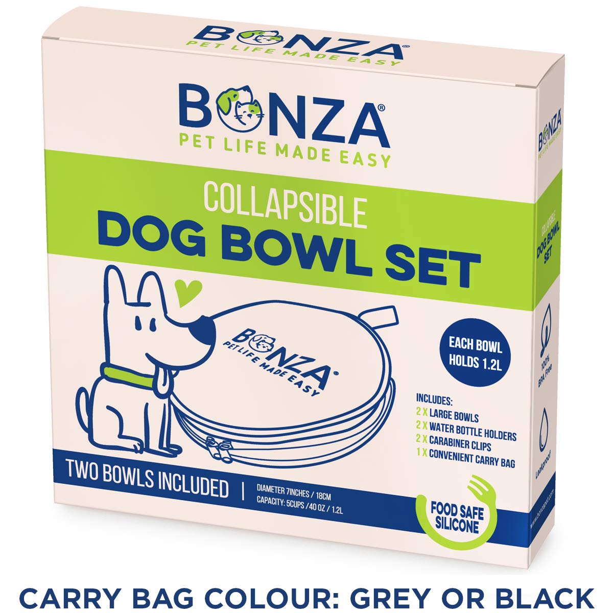 Bonza twin-pack dog bowls open for quick meals on the go.