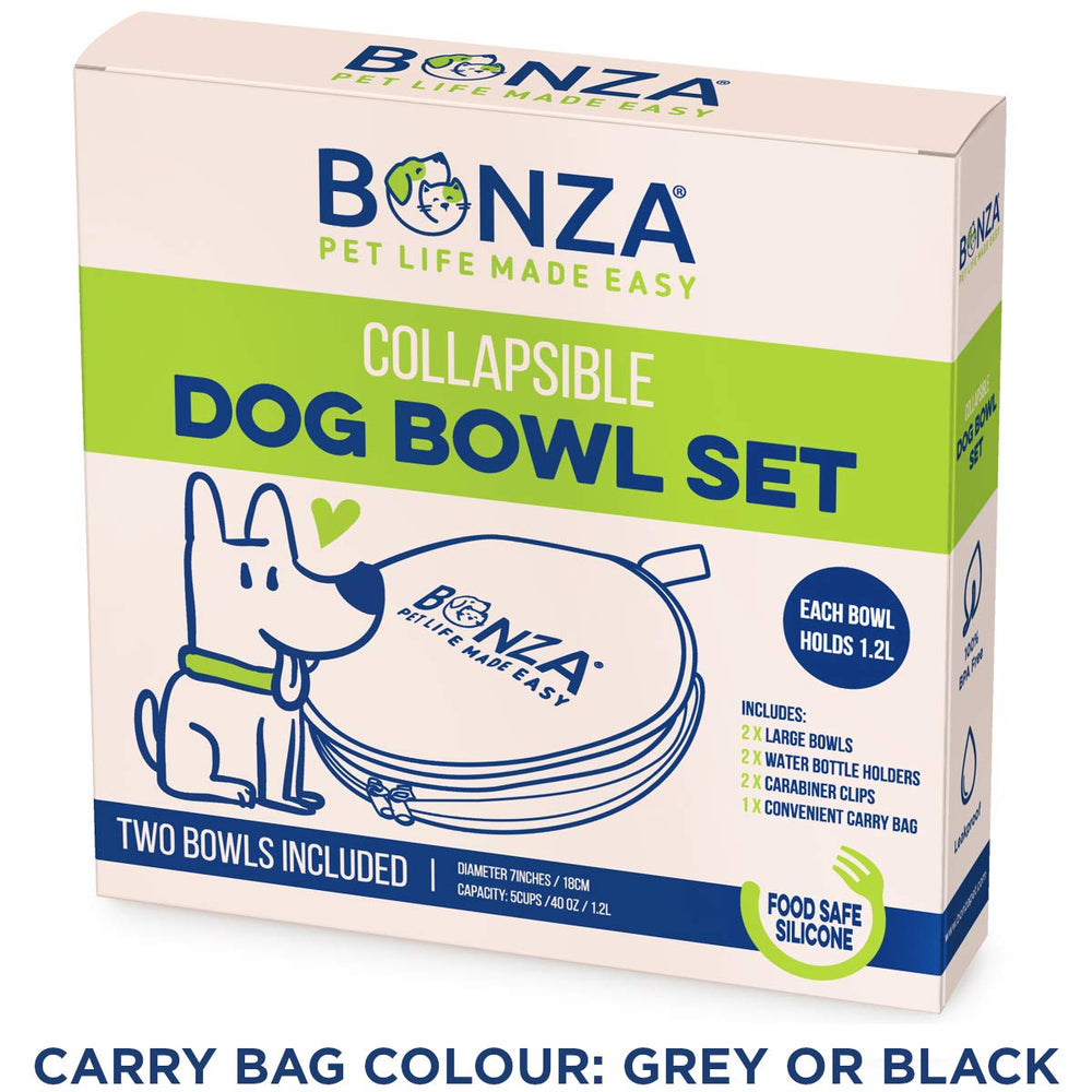 Bonza twin-pack dog bowls open for quick meals on the go.