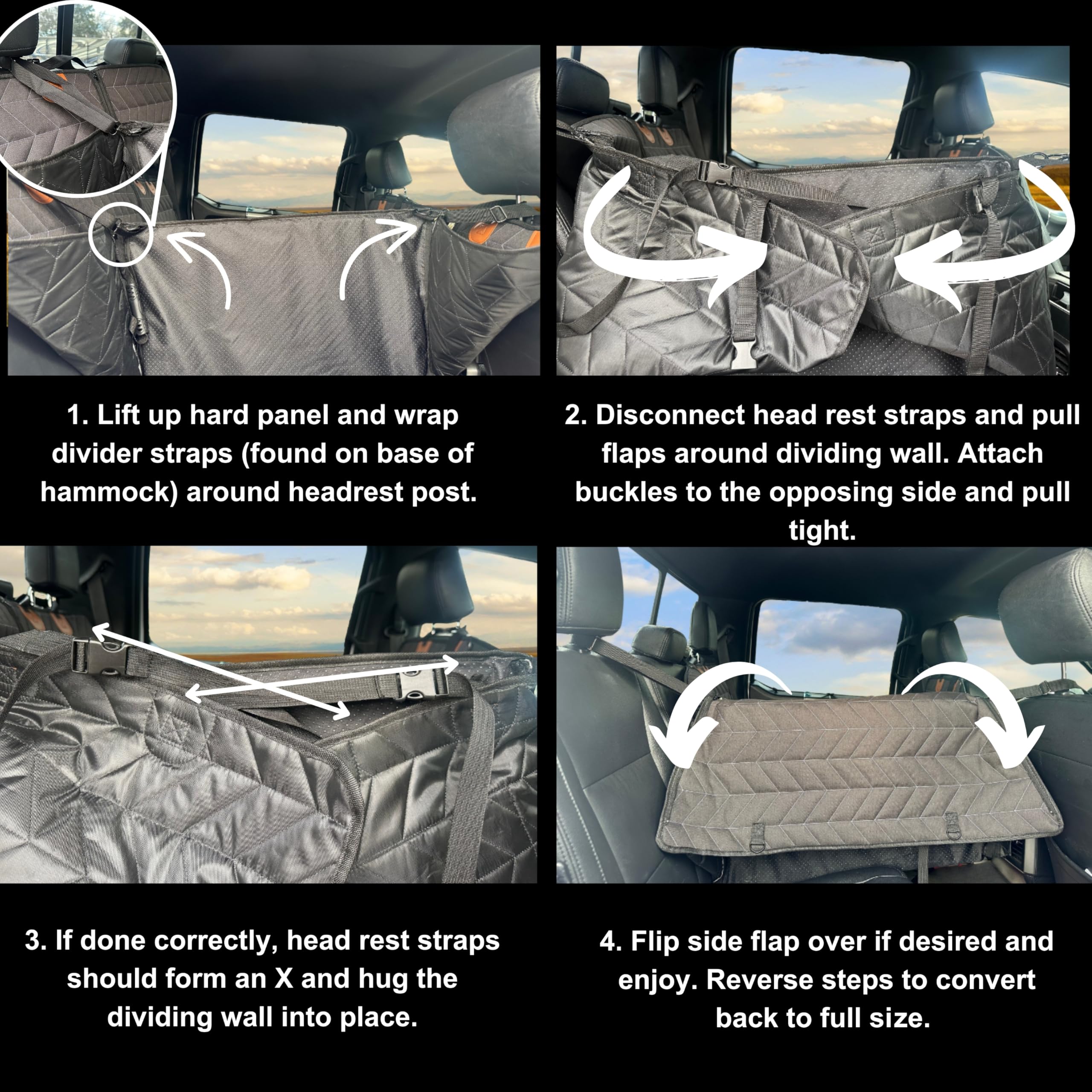 Boops & Floofs back-seat-extender includes safety belts and straps