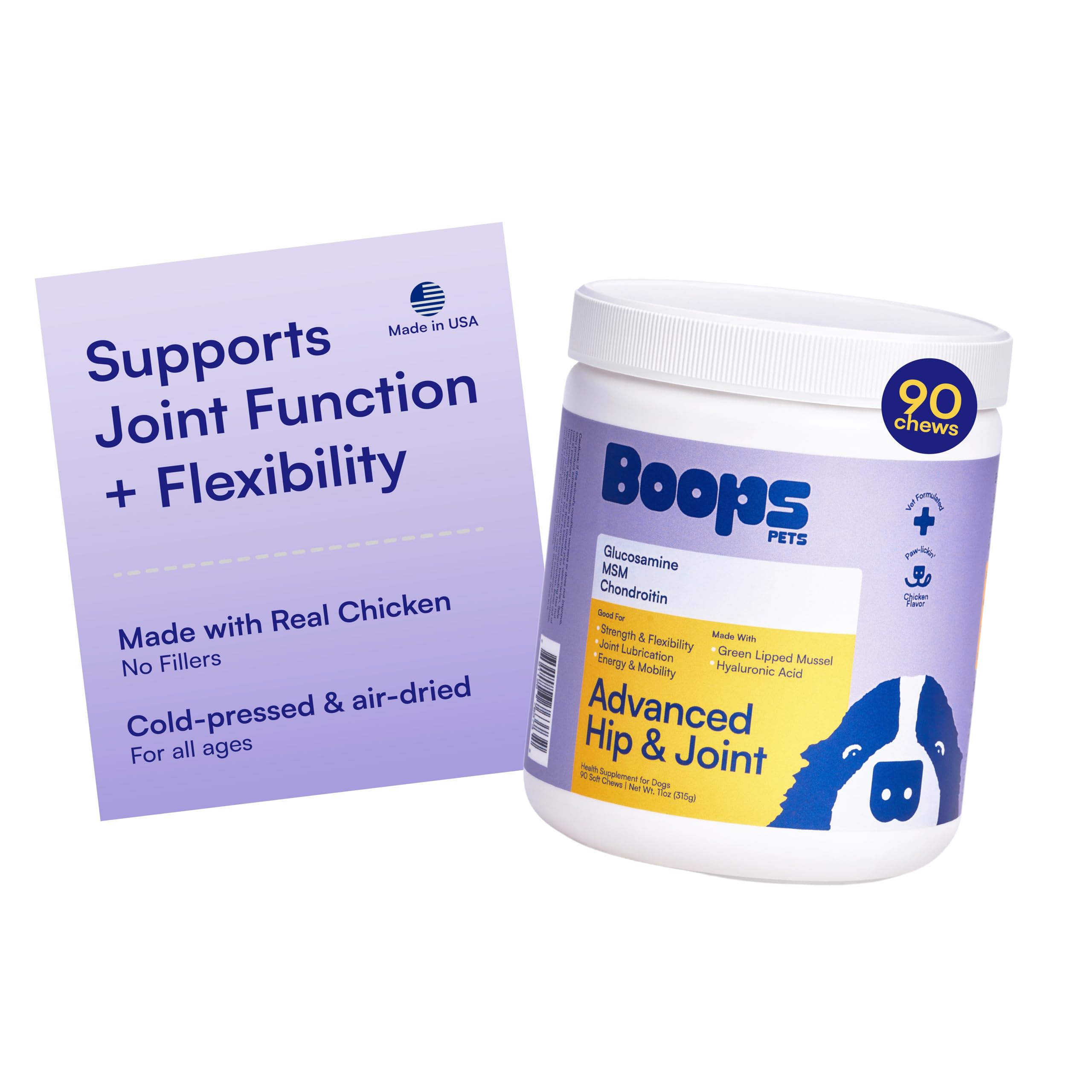 Boops Pets Advanced hip joint soft chews in bag for daily mobility support