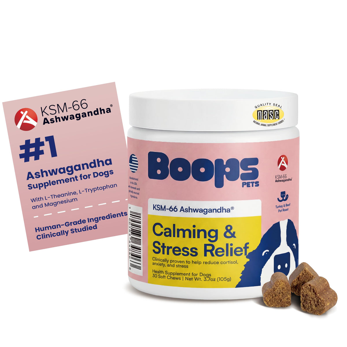 Boops Pets Calming Chews bottle labeled for dog calming support during stressful events.