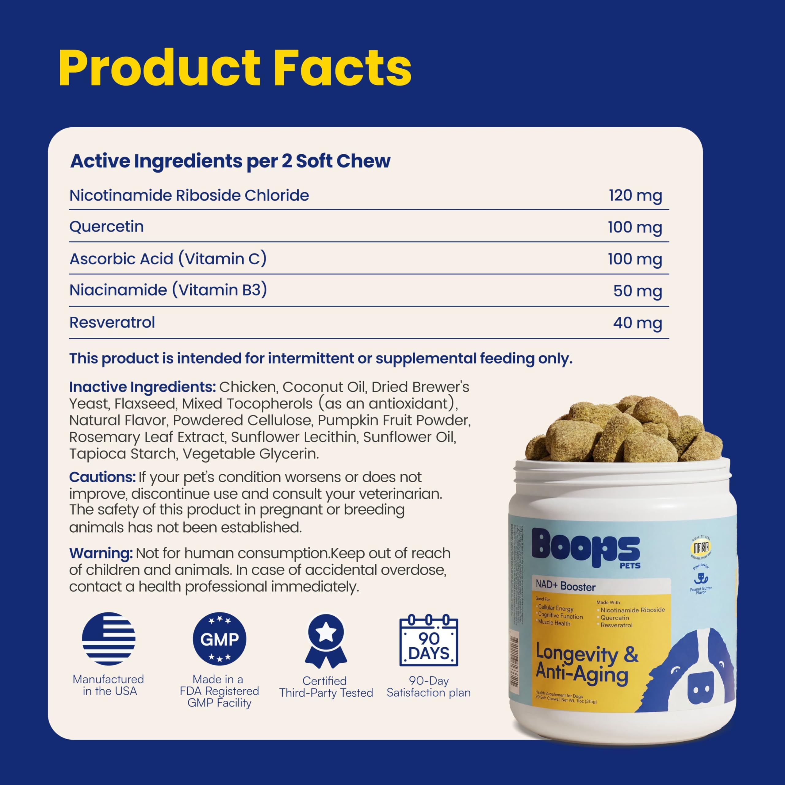 Boops Pets NAD+ NASC-certified packaging highlighting purity and safety.