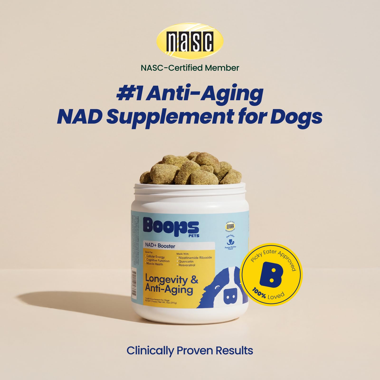Boops Pets NAD+ soft chews close-up highlighting real beef texture.