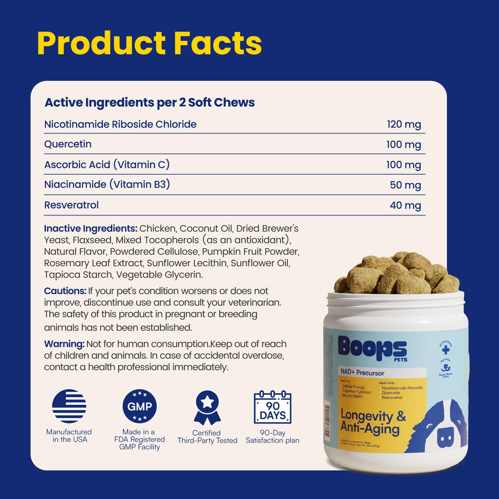 Boops Pets NAD+ 90-day guarantee card included with product