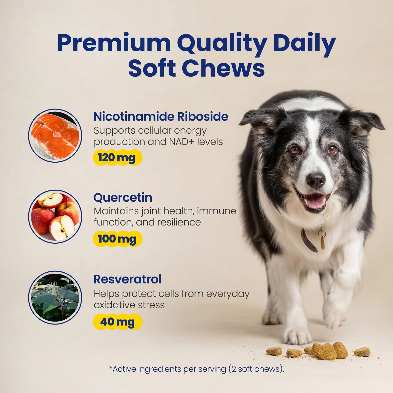 Boops Pets NAD+ peanut butter chicken flavor chews on light surface