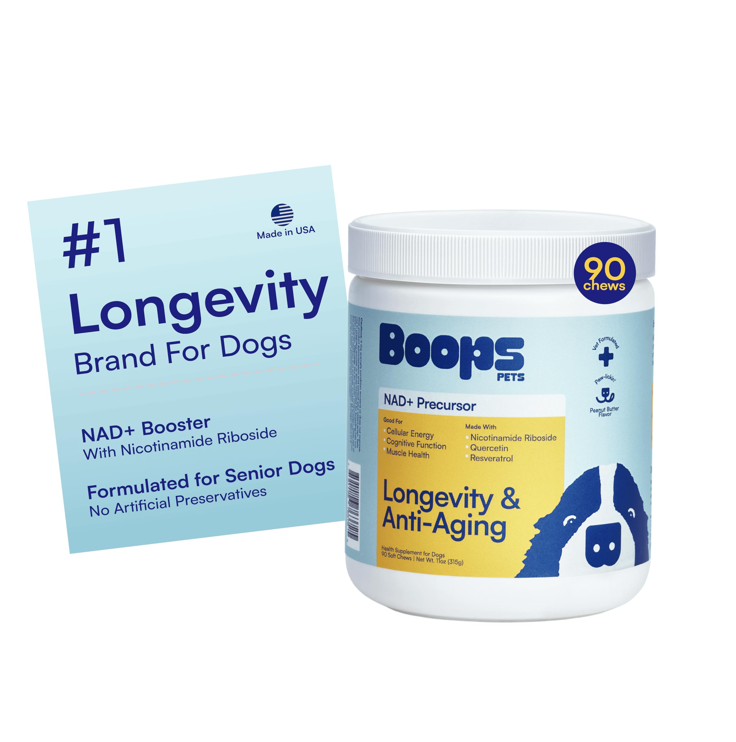 Boops Pets NAD+ soft chews bottle label highlighting longevity formula for seniors
