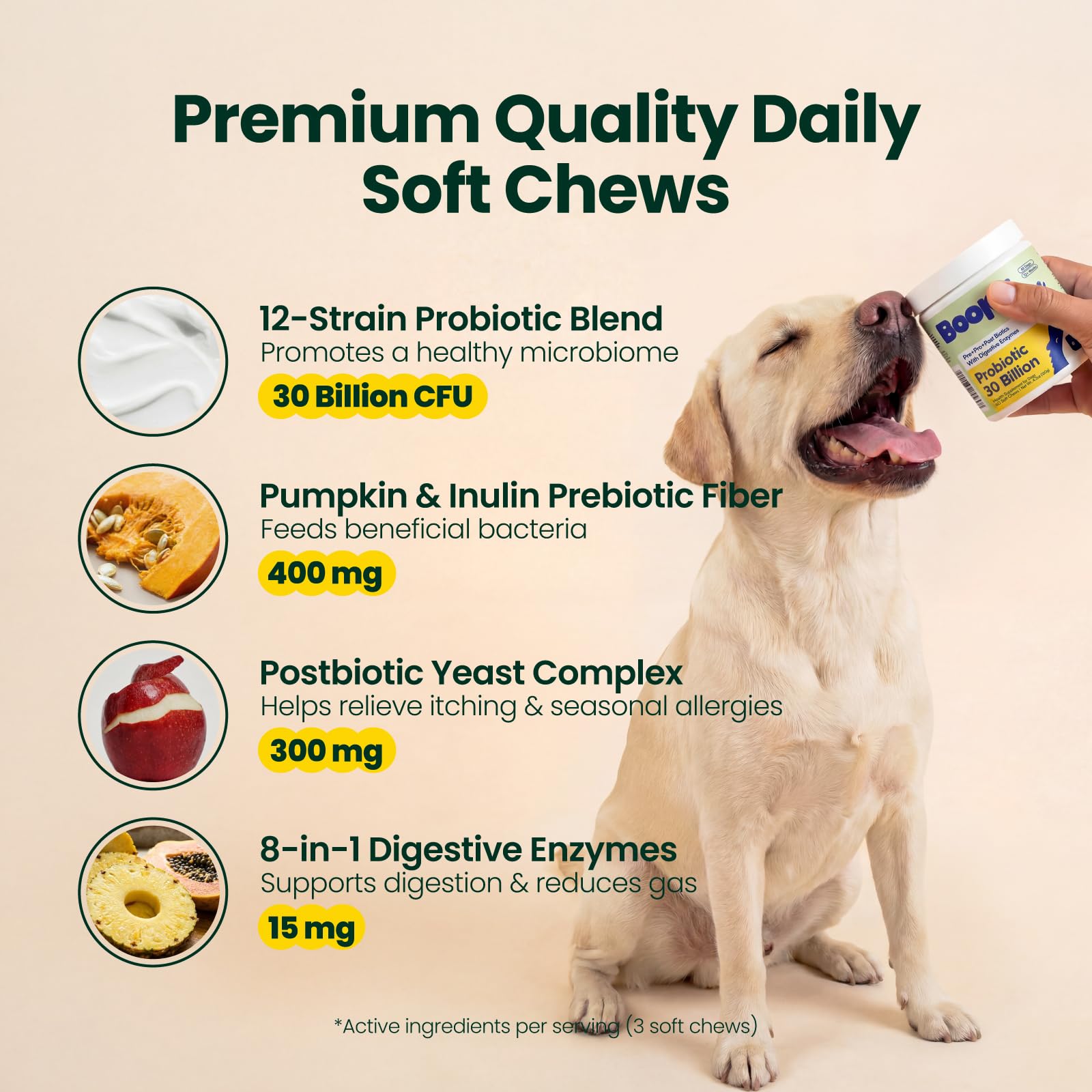 Chews pictured with digestive enzymes and prebiotic fiber illustration.