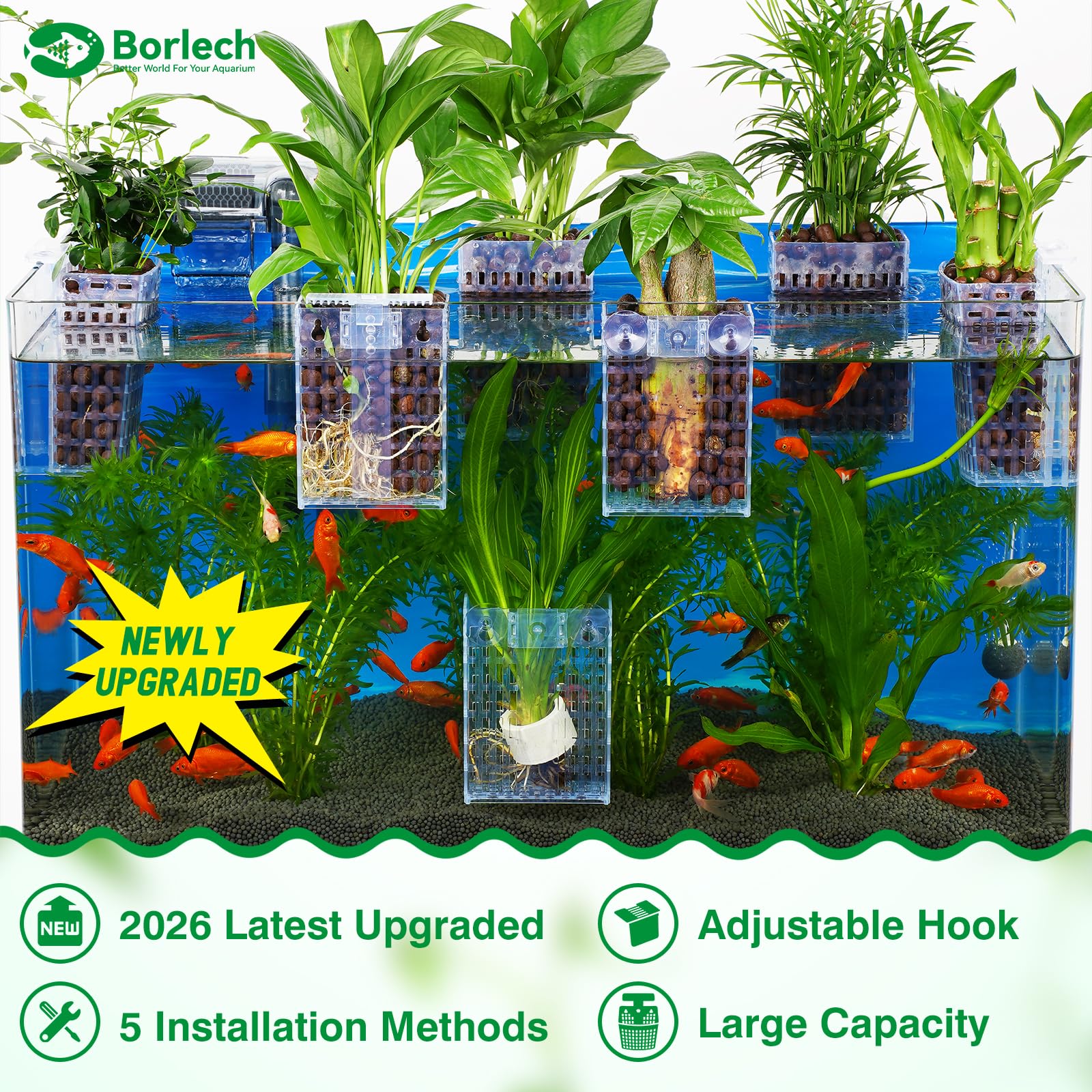 Borlech plant holder shows height-adjustment for precise plant positioning in varied tank layouts.