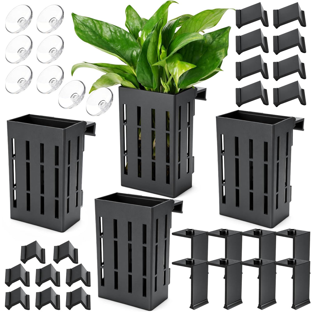 Borlech aquarium plant holder with hooks and suction cups for versatile mounting.
