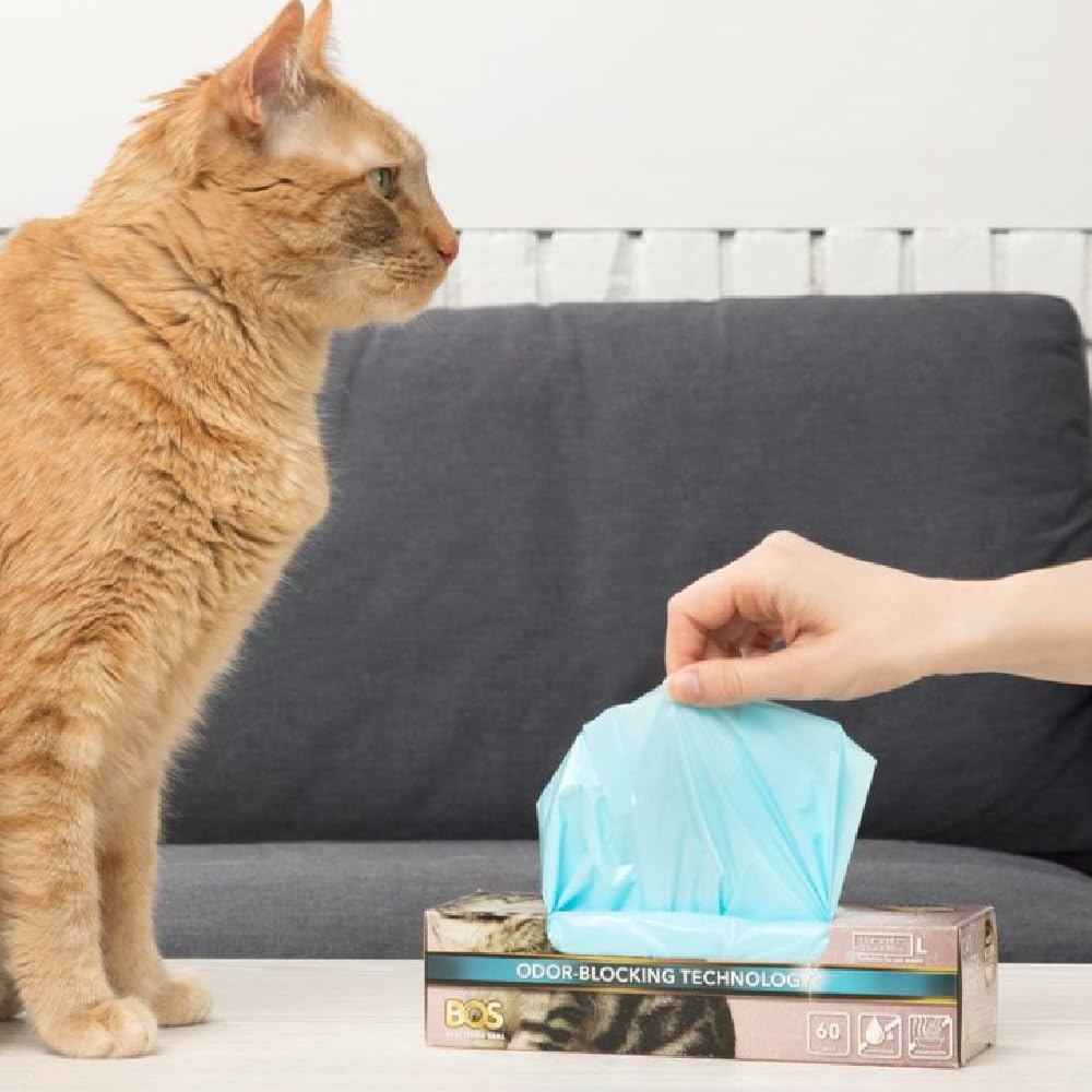 Boxed dispensing design of BOS cat waste bags keeps bags ready for quick use.