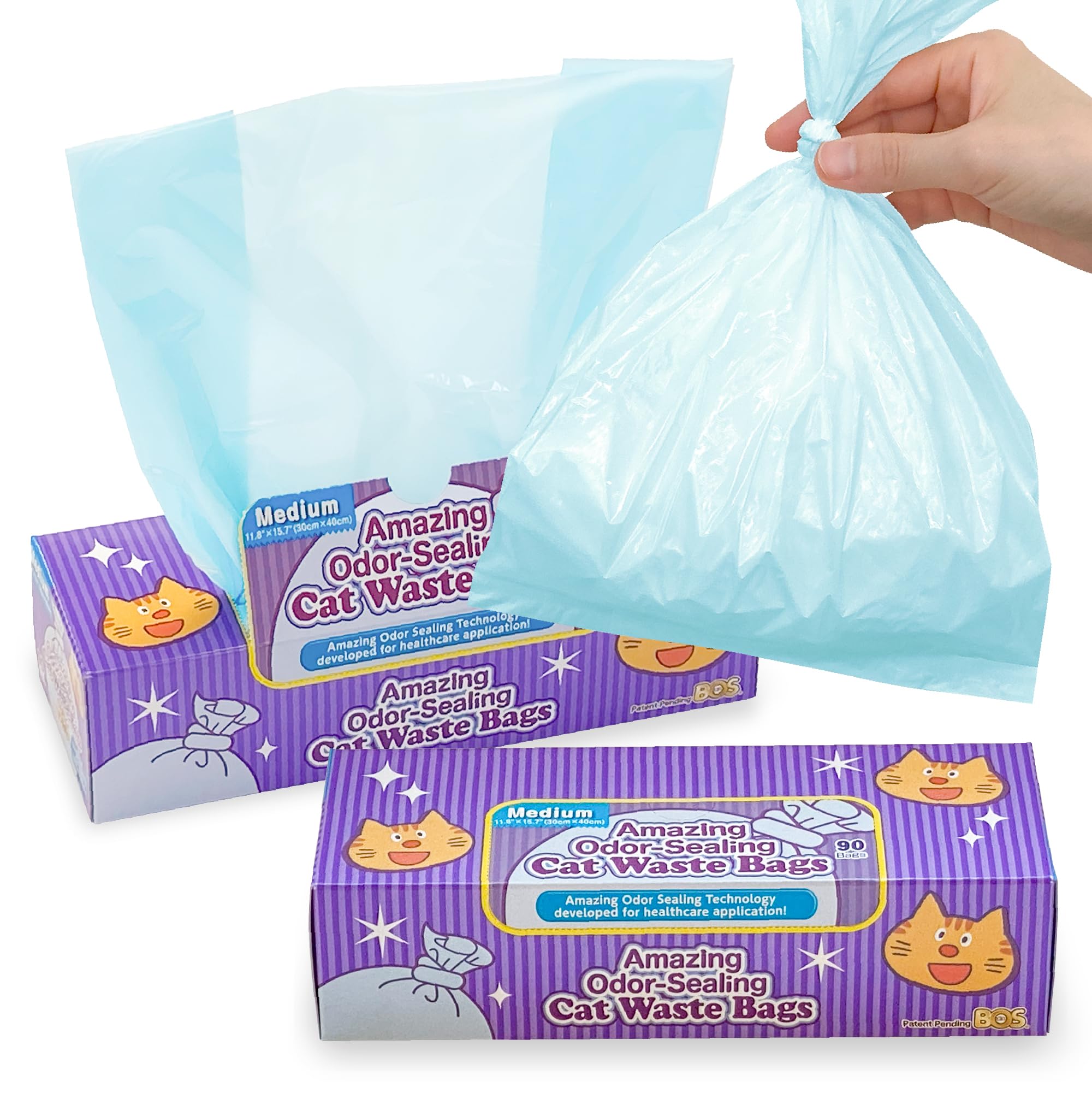 BOS odor-sealing bags in a dispenser box for easy use and odor control.