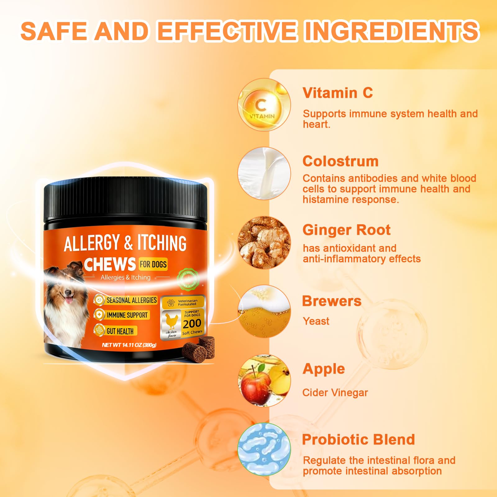 Botanic Skin Dog Allergy Chews ginger root on label signals natural anti-inflammatory support