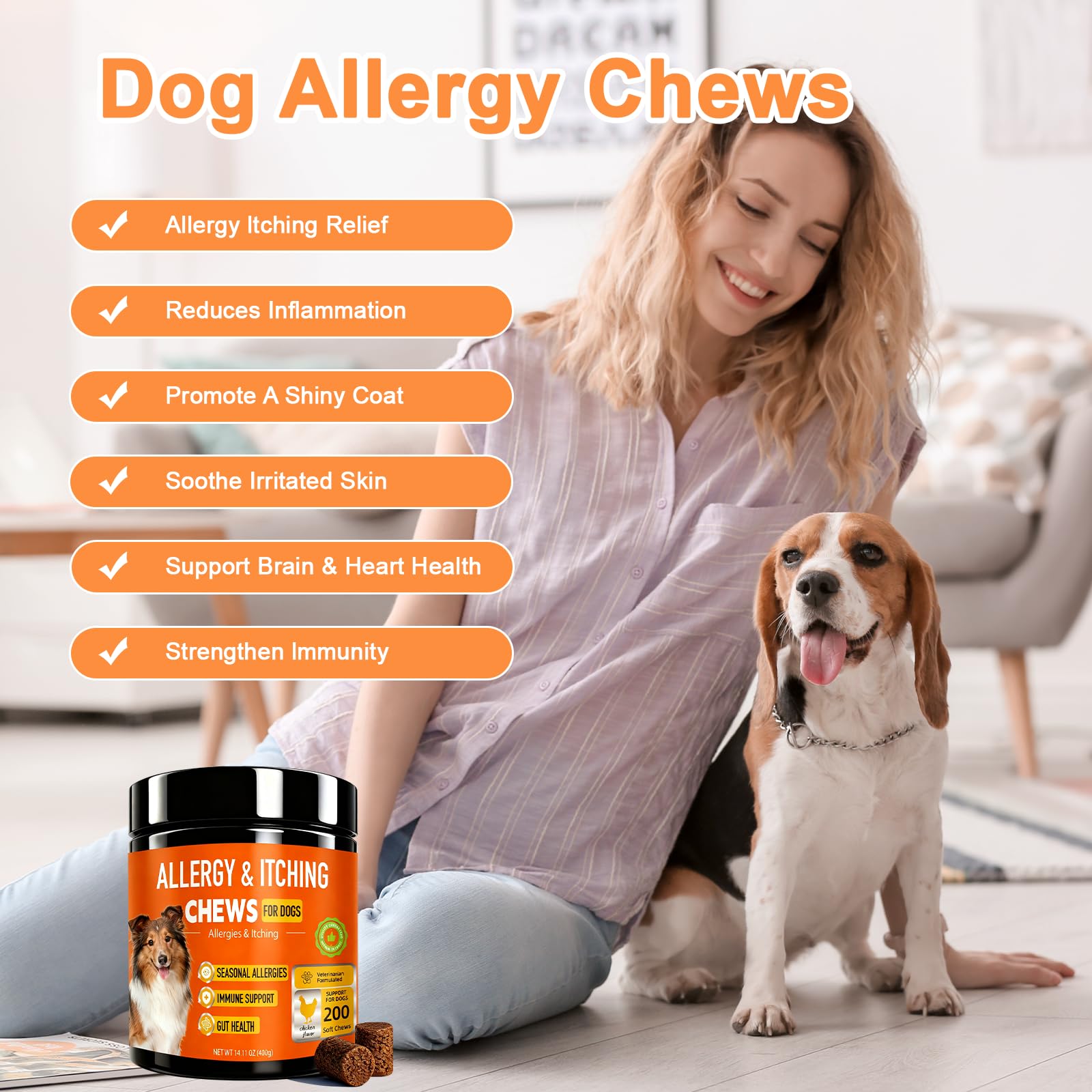 Botanic Skin Dog Allergy Chews jar label highlights probiotic blend for digestive support