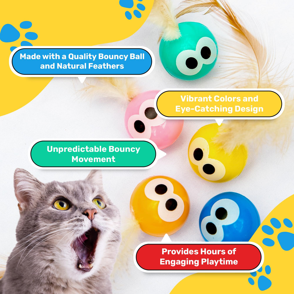 Bouncy Tails cat ball toy with eye design and feathers supports playful pounce action.