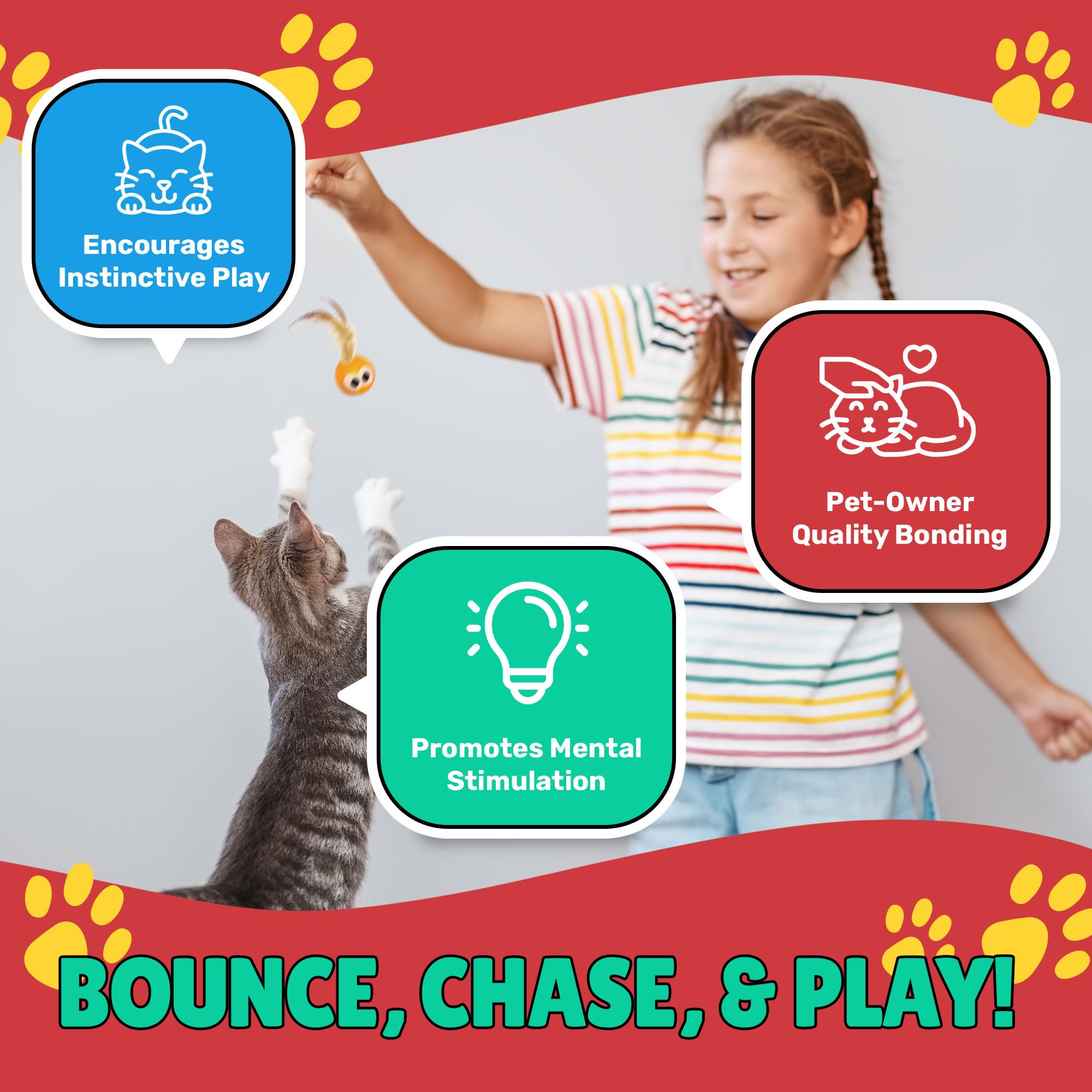 Bouncy Tails cat ball toy sized for kittens and small cats for easy swats.