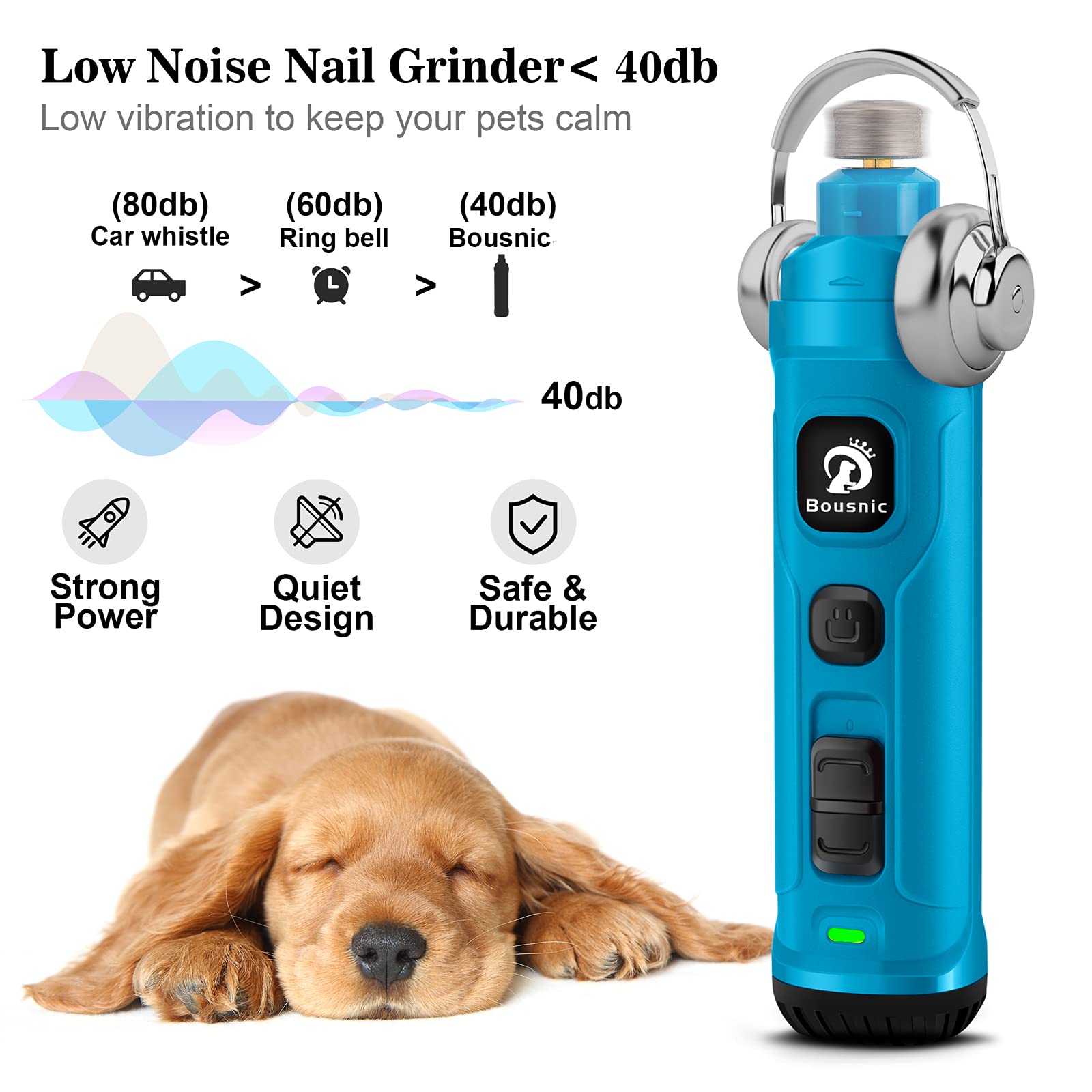 BOUSNIC dog nail grinder showing two-speed settings for nails