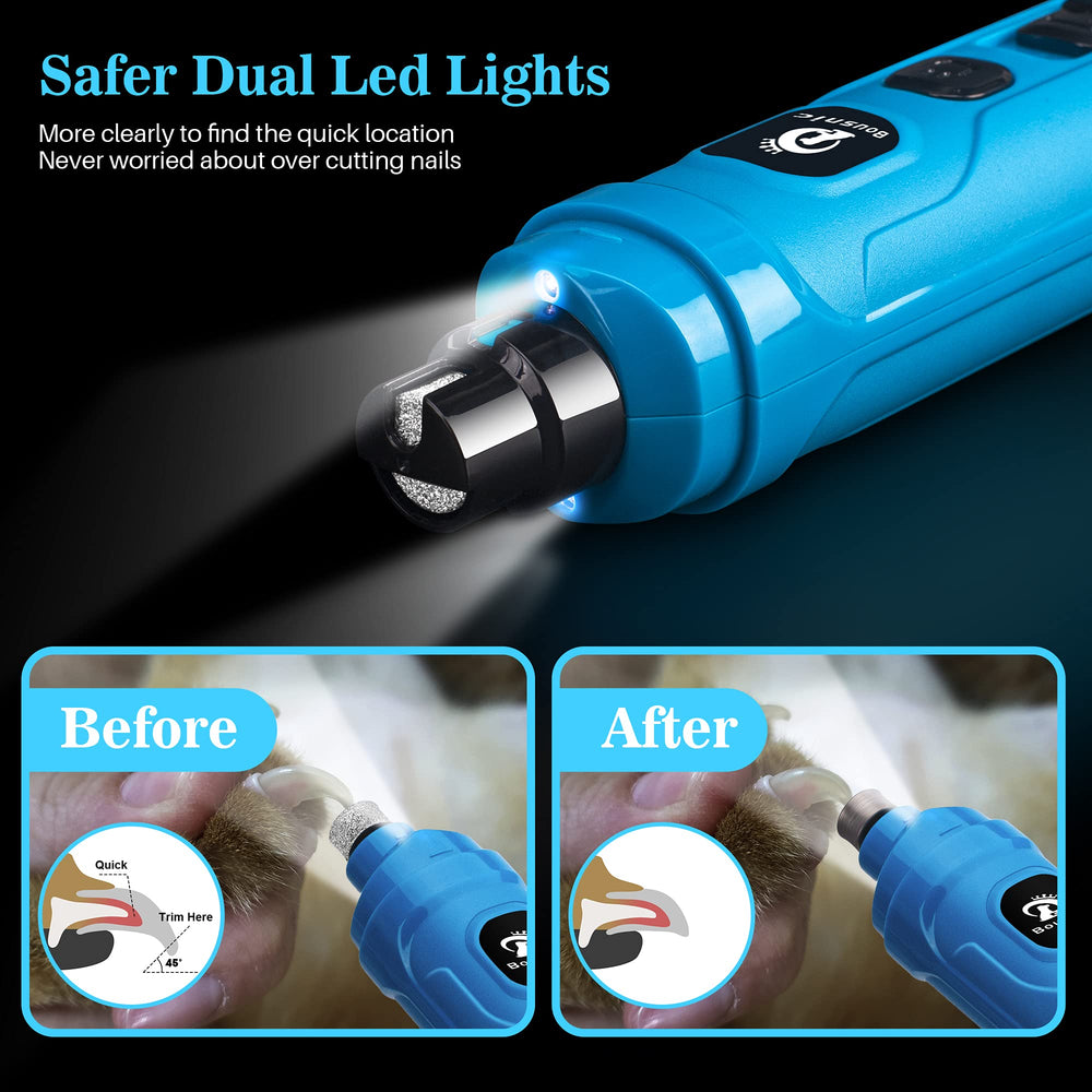 BOUSNIC dog nail grinder blue with dual LED lights for visibility