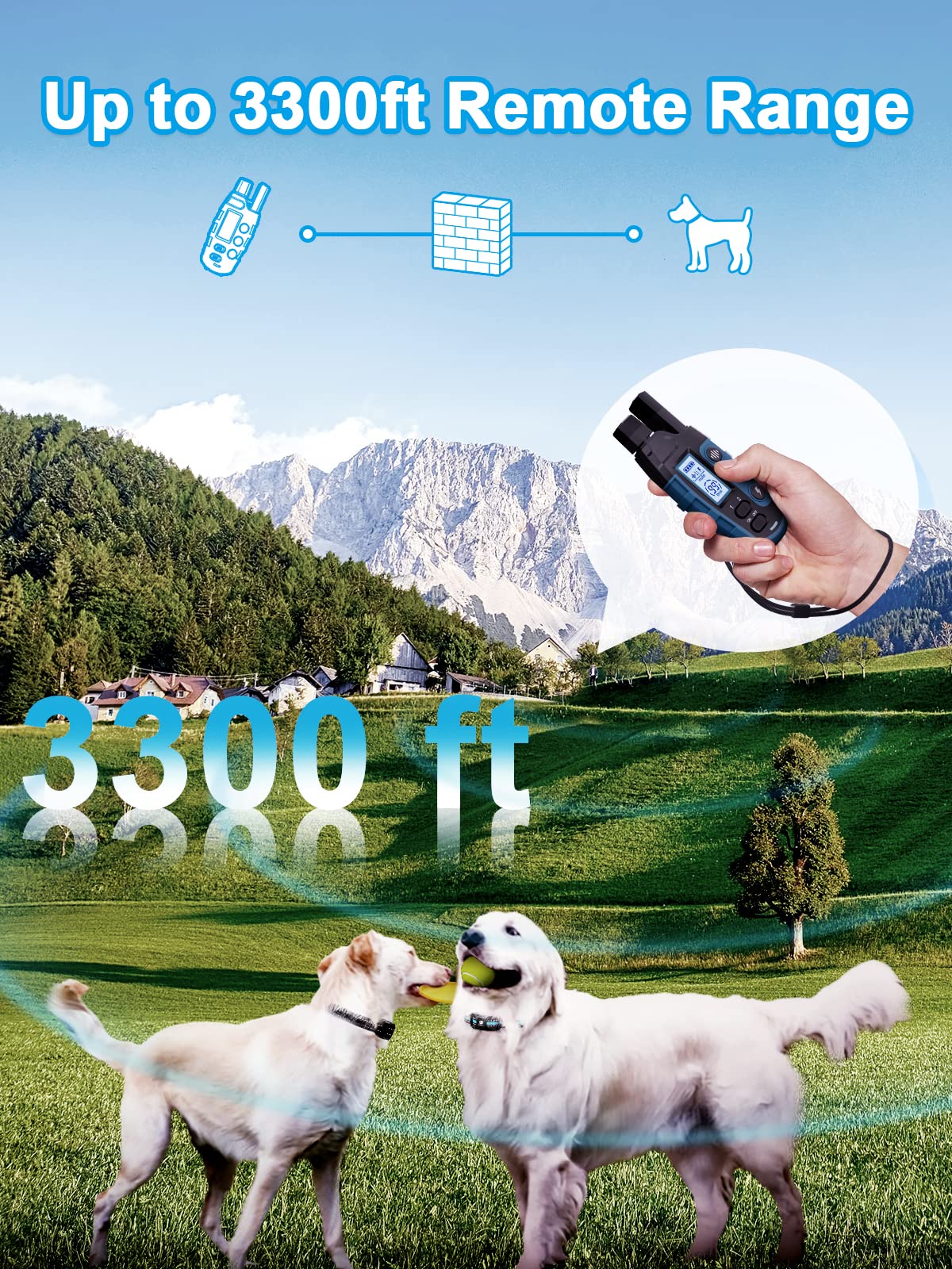 BOUSNIC shock collar receiver shown on dog for waterproof training