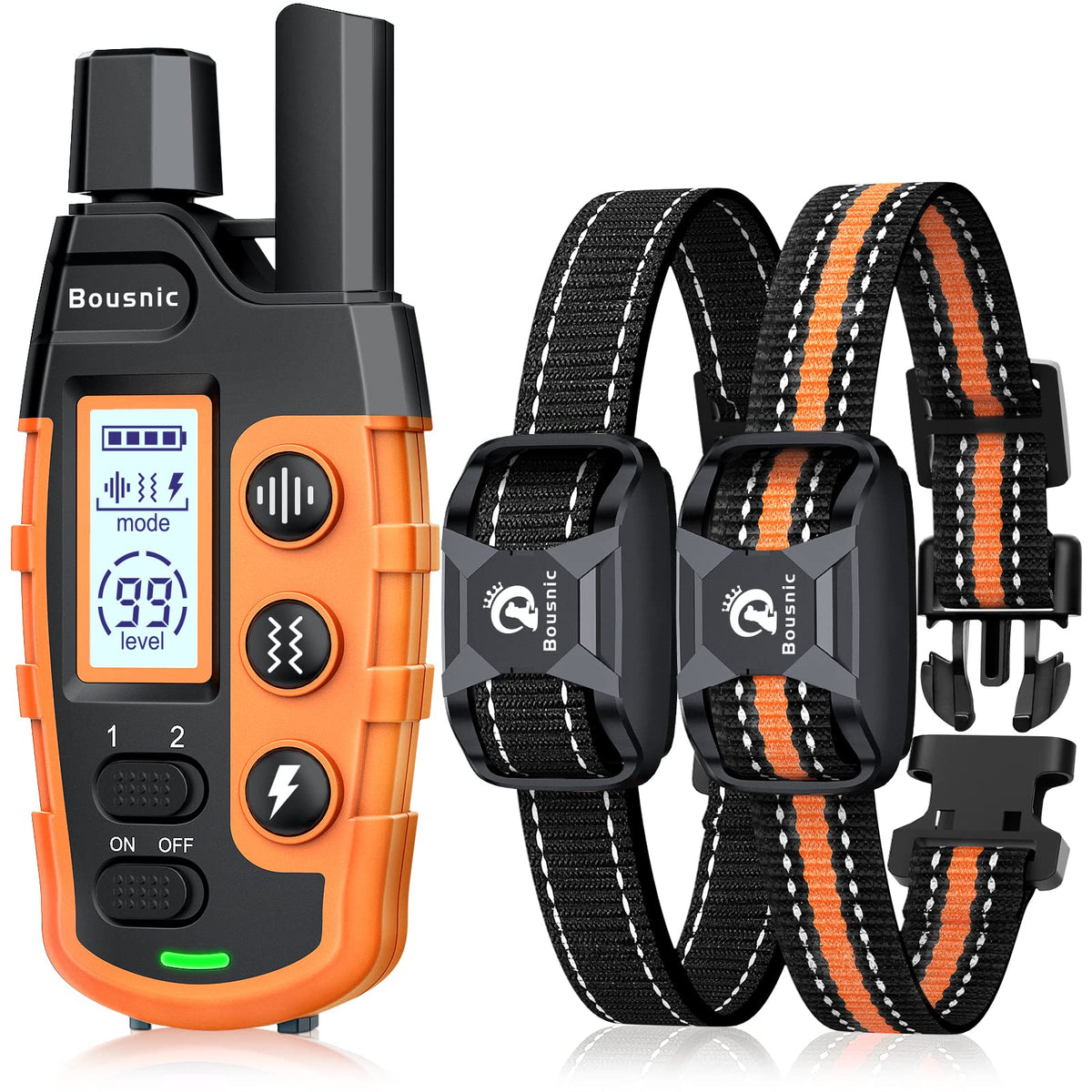Bousnic dog shock collar remote for training two dogs at once.