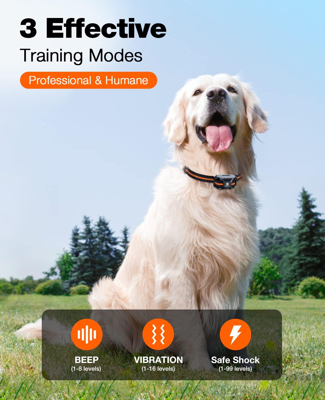 Bousnic collar shows 3300ft range for outdoor dog training.