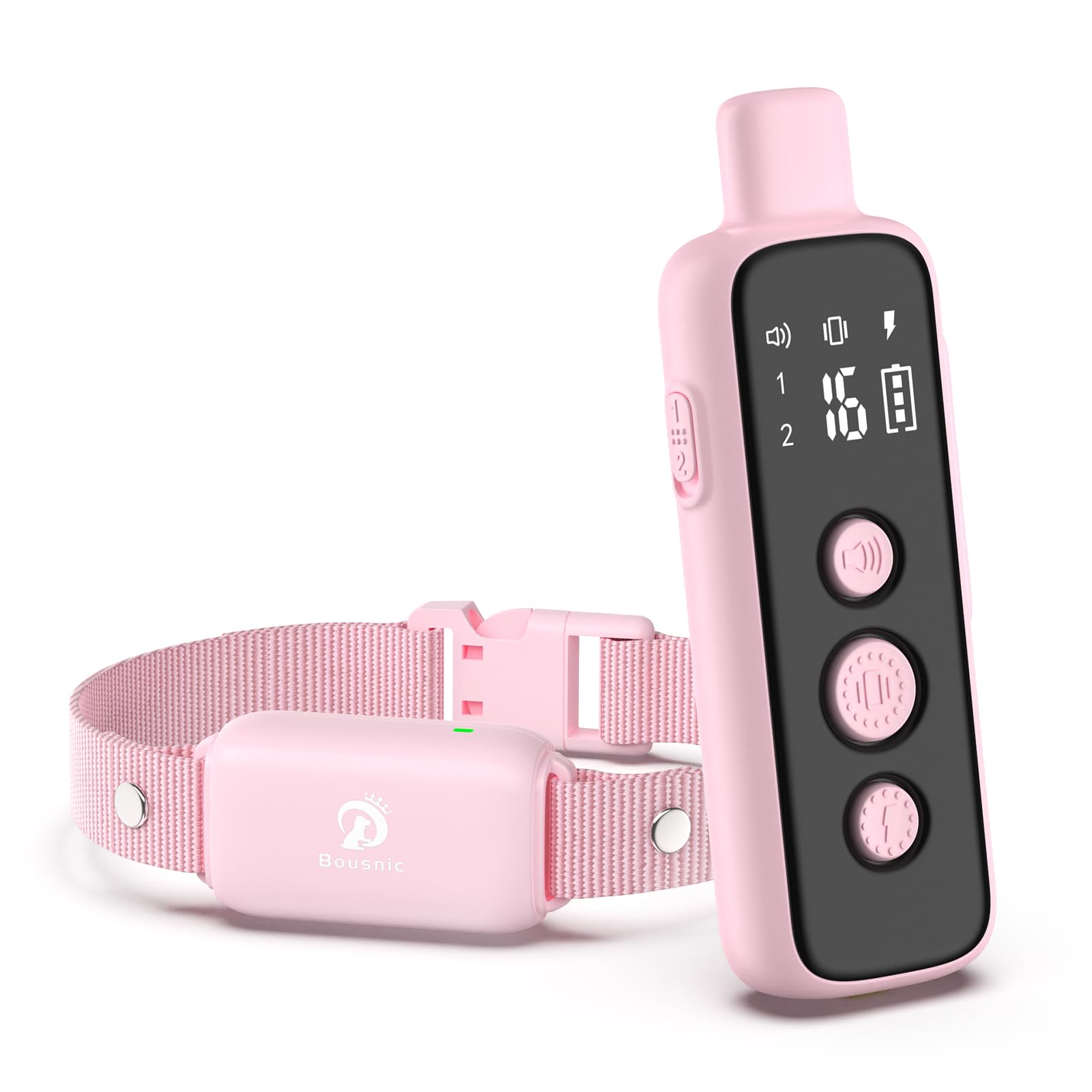 Bousnic shock collar receiver close-up shows compact design for versatile dog training.