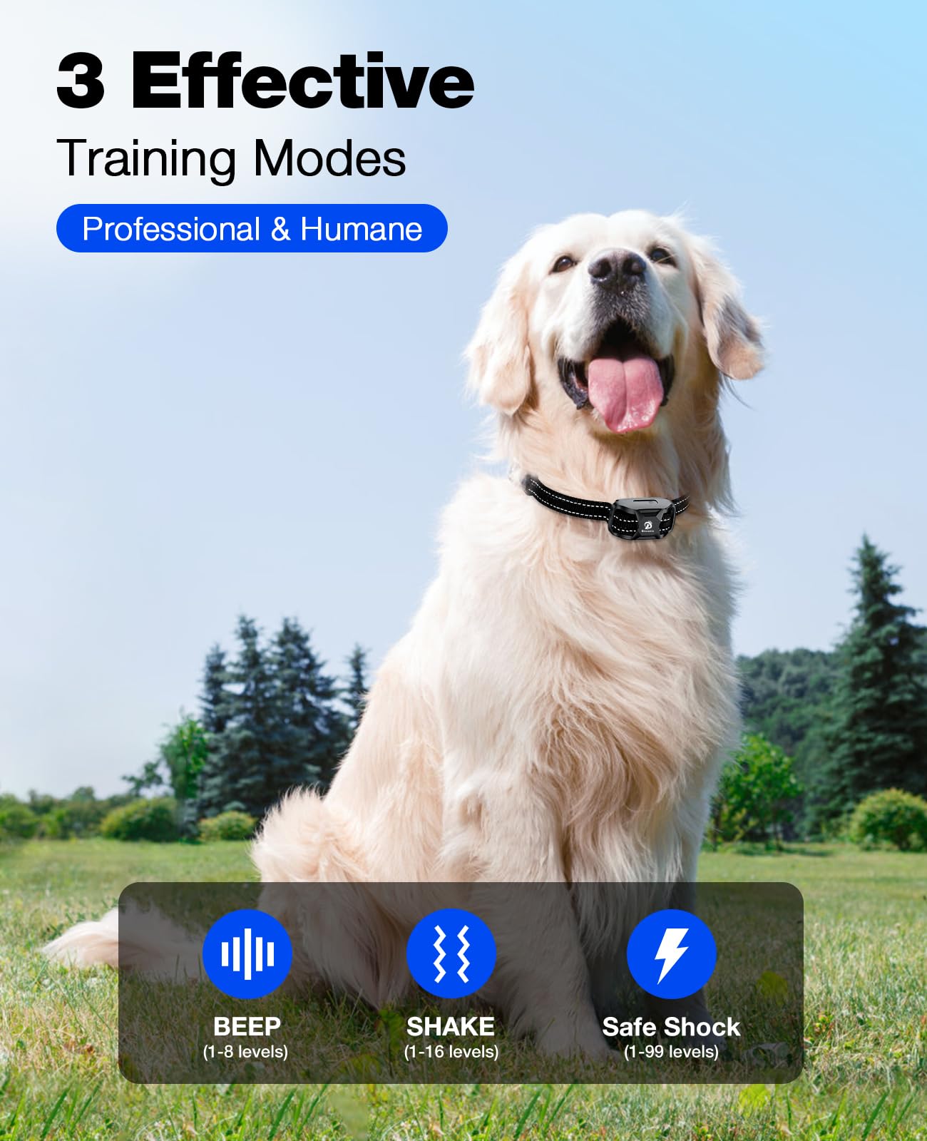 Bousnic collar showing beep, vibration, and safe shock modes for outdoor training.