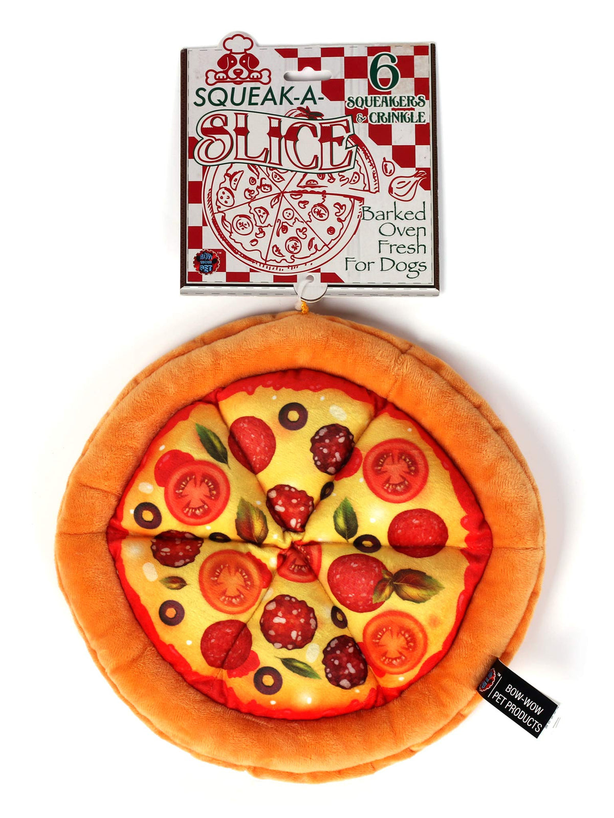 Bow Wow Pet Pizza Dog Toy with squeaker for indoor play and mental engagement