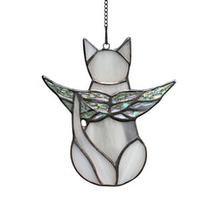 BOXCASA Angel Cat Memorial Suncatcher with iridescent wings brightens a sunny window.
