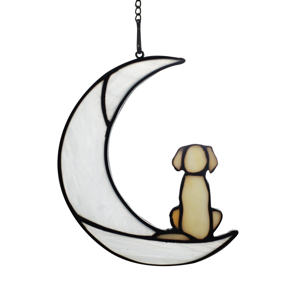 BOXCASA dog on moon stained glass suncatcher brightens windows and honors a beloved pet