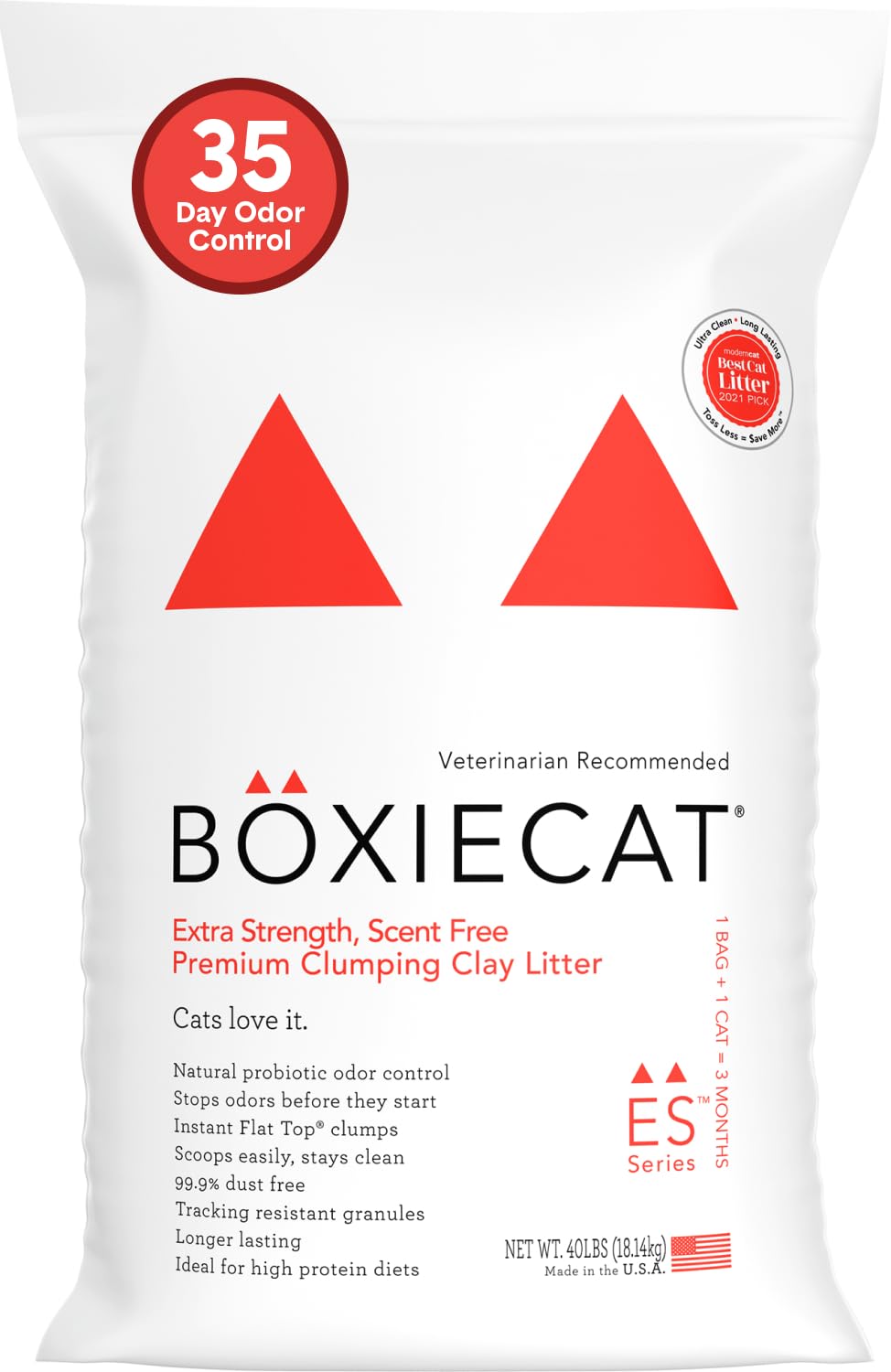 Boxie Extra Strength 40lb bag showing long-lasting odor control for busy multi-cat homes.