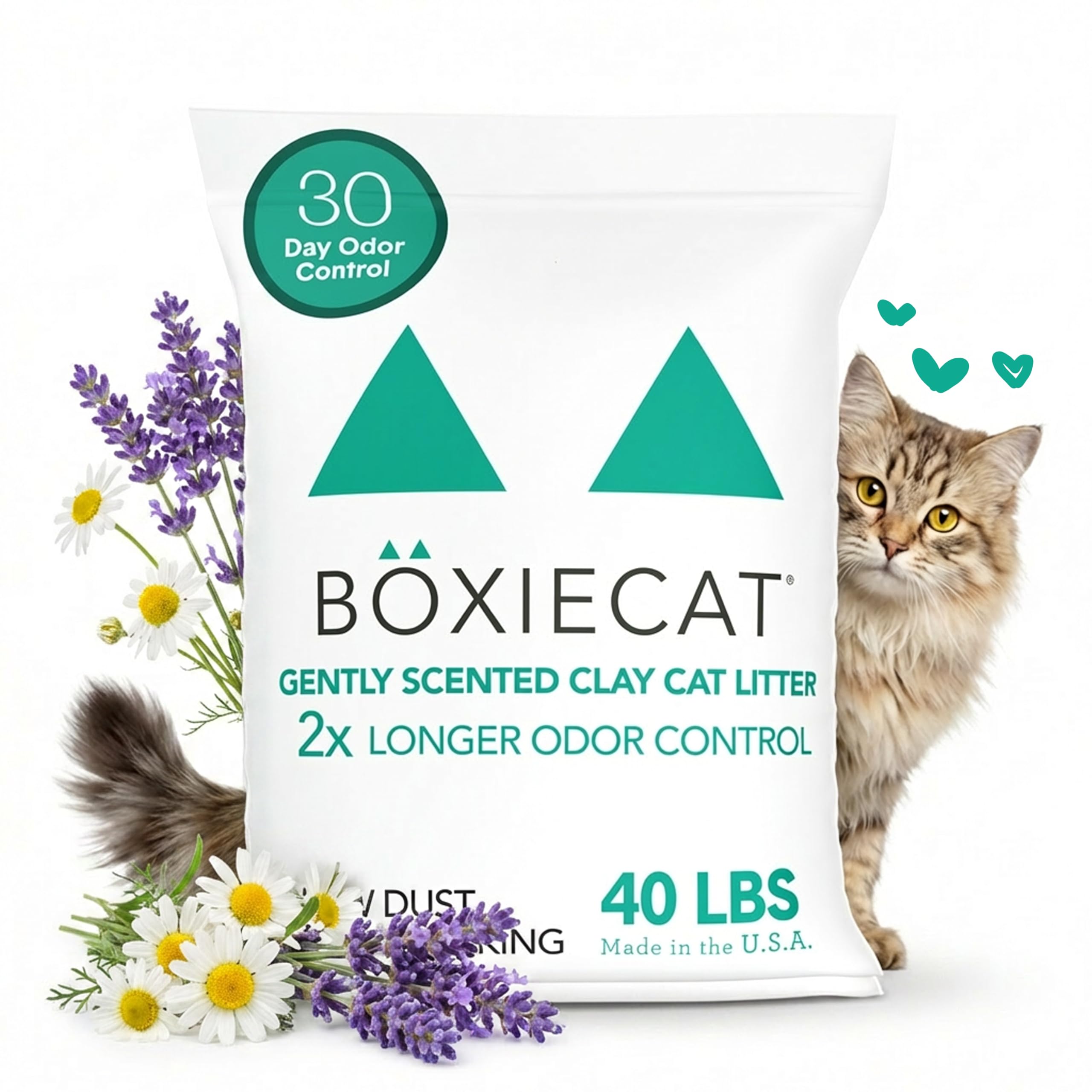 Boxiecat gently scented litter bag showing 40lb pack for odor control.